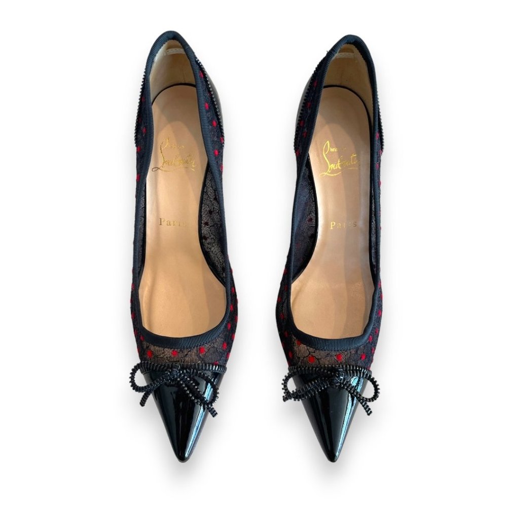 Christian Louboutin Heels Souris 70 Lace Black Pointed Kitten Heel Bow Pumps - Picture 3 of 11